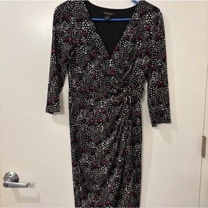 White House Black Market Black and white  Ruched Wrap Dress with purple accents